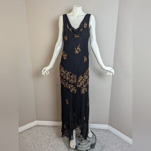 Vintage 90s Cartise Couture Slip Dress Beaded Silk Bias Cut Cowl Neck L